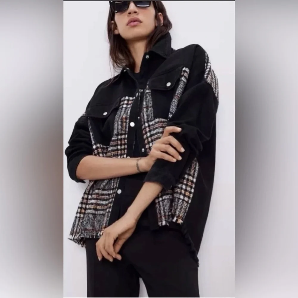 Zara Black and Plaid Jean Jacket